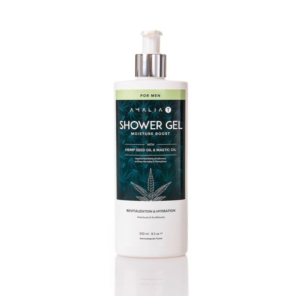 Shower Gel for Men, ideal for dry and dehydrated skin, containing Hemp Seed Oil, Greek Mastic Oil, Dittany, and Honey.