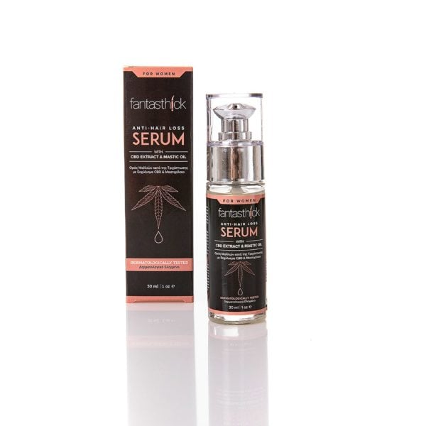 Anti–Hair Loss Serum for women with Cannabidiol Extract, Greek Mastic Oil and Apricot Kernel Oil.